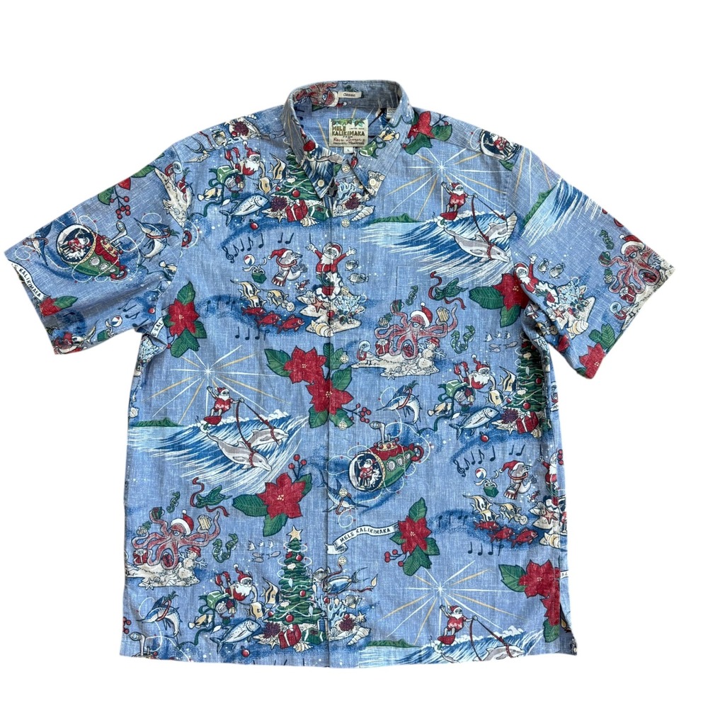 Reyn Spooner Mele Kalikimaka Christmas Hawaiian Shirt Blue Mens L Limited Issue
